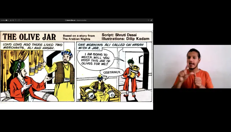 Deaf interns using a comic strip to tell stories during a Zoom session